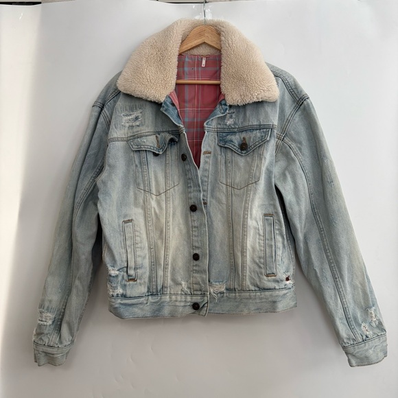 Free People Flannel Lined Sherpa Distressed Denim Trucker Jacket - Picture 3 of 9